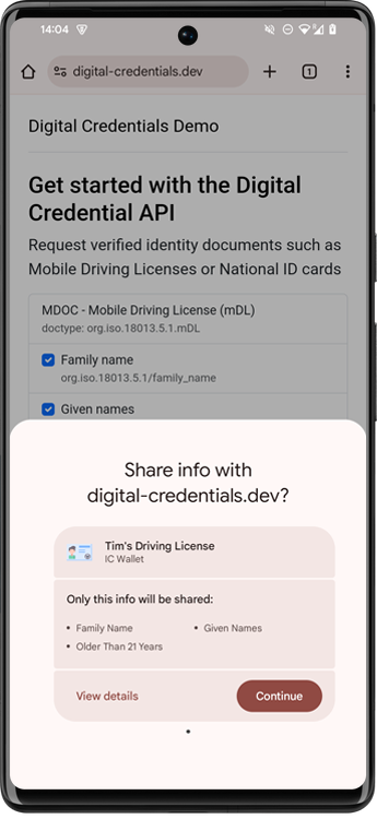 Image showing the digital credentials UI in Credential Manager