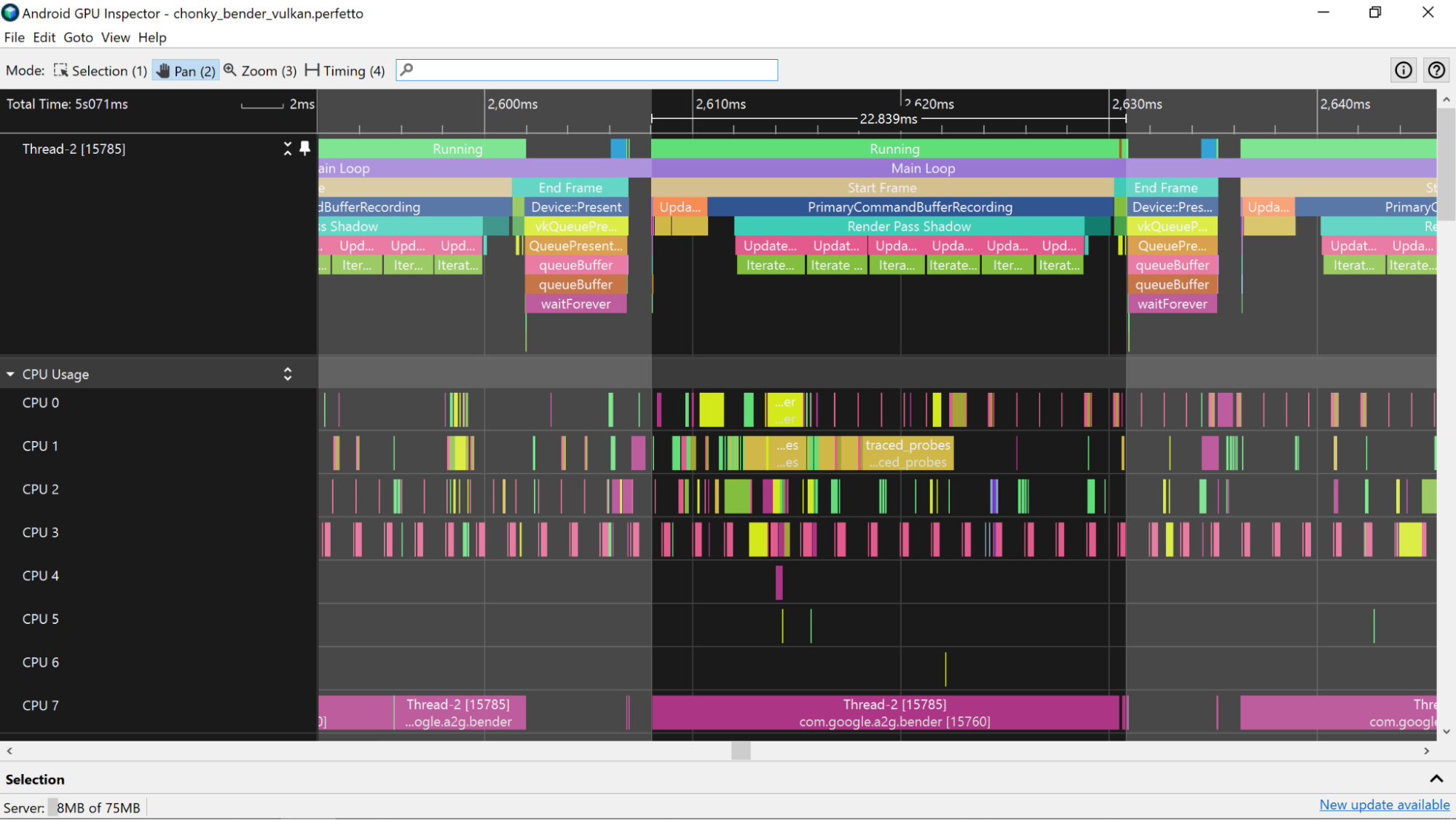 A screenshot that displays the running state of a pinned thread that matches the CPU track.