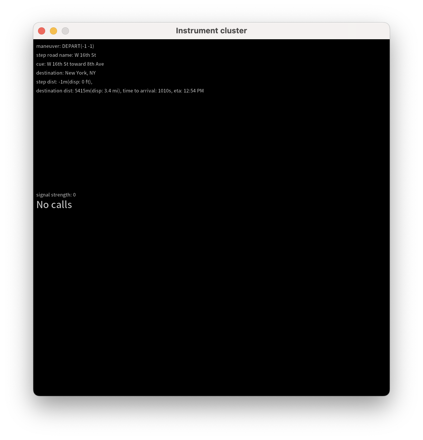 The DHU's instrument cluster window showing both navigation and call state information.