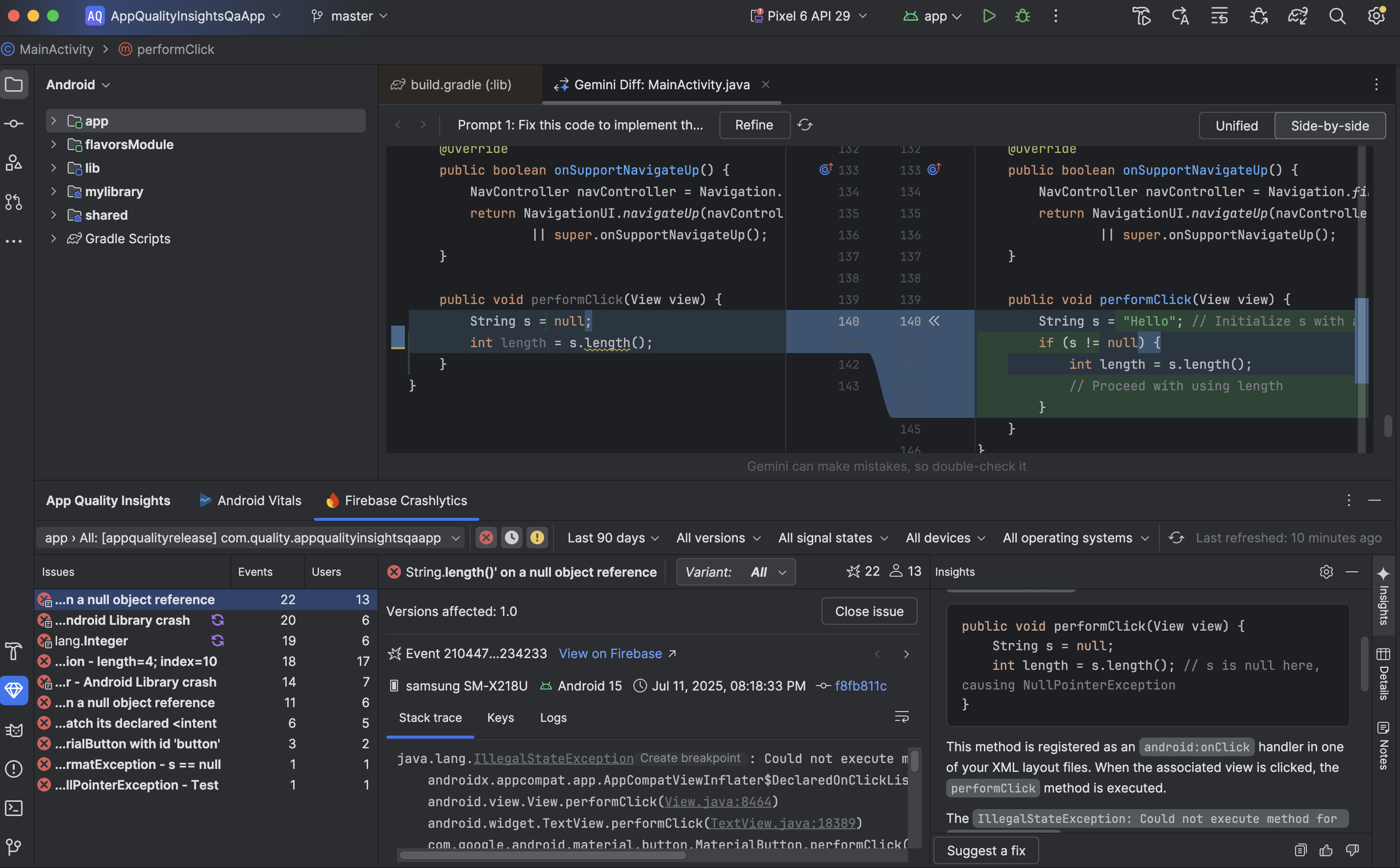 Gemini's suggested fix from the App Quality Insights tool window