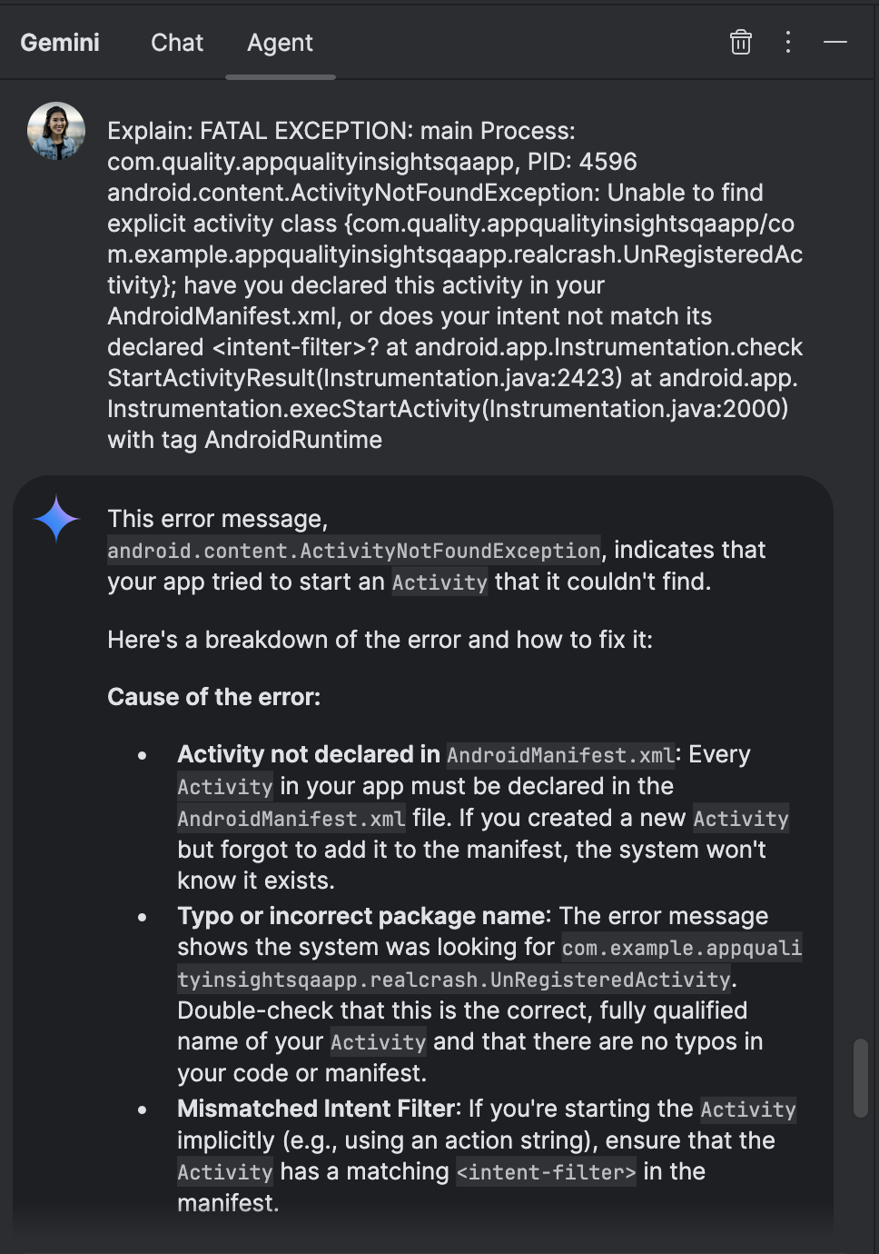 Gemini explains the Logcat error