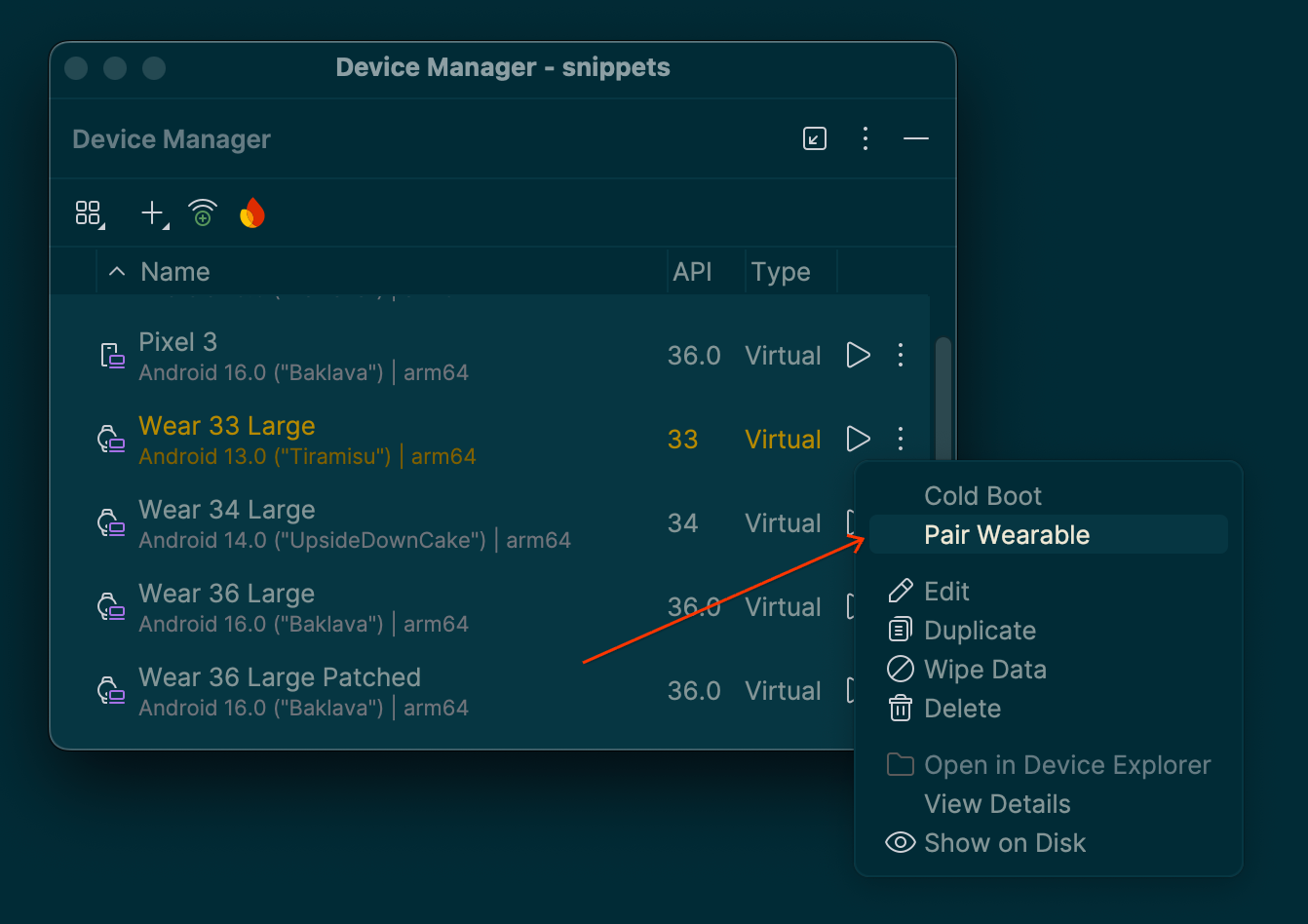 Tap the overflow menu icon next to a device you want to pair and select Pair Wearable
